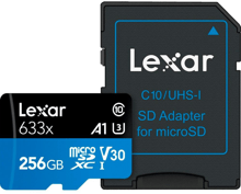Lexar 256GB microSDXC Class 10 UHS-I U3 V30 A1 High Performance 633x + adapter (LSDMI256BB633A)