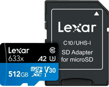 Lexar 512GB microSDXC Class 10 UHS-I U3 V30 A2 High Performance 633x + adapter (LSDMI512BB633A)