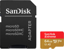 SanDisk 64GB microSD Class 10 UHS-I U3 A2 V30 Extreme for Action Cams and Drones + adapter (SDSQXAH-064G-GN6AA)