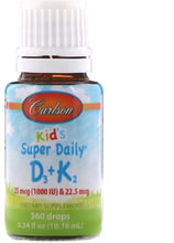 Carlson Labs Kids Super Daily D3+K2 25 mcg (1,000 IU) & 22.5 mcg 0.34 fl oz (10.16 ml) Витамины D3 + K2 для детей