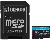 Kingston 512GB microSDXC Class 10 UHS-I U3 V30 A2 Canvas Go Plus + adapter (SDCG3/512GB)