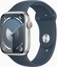 Apple Watch Series 9 45mm GPS Silver Aluminum Case with Storm Blue Sport Band - M/L (MR9E3)
