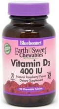 Bluebonnet Nutrition Vitamin D3 400IU Earth Sweet Chewables Natural Rasberry flavor Витамин Д3 90 жевательных таблеток