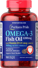 Puritan's Pride Omega 3 Fish Oil 1200 mg plus Vitamin D3 1000 IU Рыбий жир омега-3 + витамин D3 90 гелевых капсул