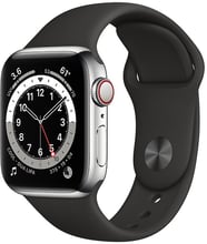 Apple Watch Series 6 40mm GPS+LTE Silver Stainless Steel Case with Black Sport Band (M0DC3,MTP62AM)