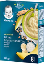 Каша GERBER сухая молочная Мультизлаковая с йогуртом, бананом и грушей для детей с 8 месяцев, 240г (7613039834244)