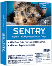 Капли на холку Sentry от блох, клещей и комаров для собак весом до 7 кг 1 мл 3 шт в упаковке (цена за 1 пипетку)