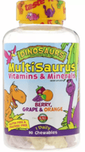 KAL MultiSaurus Dinosaurs Мультивітаміни та мінерали для дітей зі смаком ягід, апельсина та винограду 90 жувальних цукерок