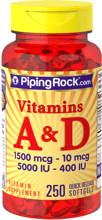 Piping Rock Vitamin A And D3 5000 IU - 400 IU, 250 Softgels