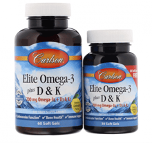 Carlson Labs Elite Omega-3 Plus D & K, Natural Lemon Flavor, 60 + 30 Free Soft Gels (CAR-17540)