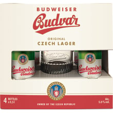 Подарунковий набір пива Budweiser світле фільтроване 5% 4х0.5 л + кухоль 0.5 л (8594403707380): Об'єм, л 2