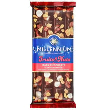 Шоколад чорний Millennium Fruits&Nuts з мигдалем, цілими горіхами, апельсиновими цукатами та родзинками 90 г (4820240030508): Вага, г 90