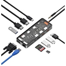 Адаптер WIWU Adapter Cyber 12in1 USB-C to 2xUSB3.0+2xUSB2.0+USB-C+SD+MicroSD+VGA+2xHDMI+RJ45+3.5mm Space Gray: Колір серый