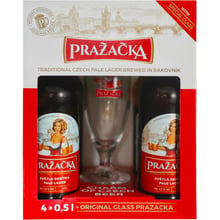 Подарунковий набір пива Prazаcka світле пастеризоване фільтроване 4% 4х0.5 л + келих 0.33 л (8594053493077): Об'єм, л 2