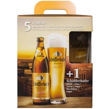 Подарочный набор пиво Schofferhofer Hefeweizen светлое нефильтрованное 5% 5х0.5 л + бокал 0.5 л (4053400942520): Объем, л 2.5