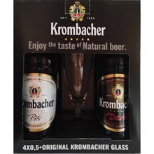 Подарунковий набір пива Krombacher в асортименті 4х0.5 л + келих 0.3 л (4008287037036): Об'єм, л 2