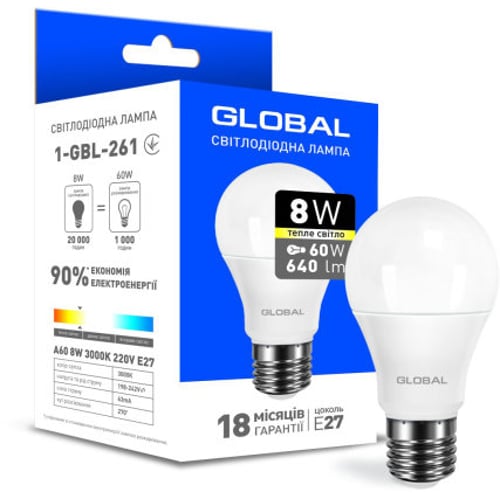 Лампа светодиодная GLOBAL A60 8W 4100K 220V E27 (1-GBL-262)