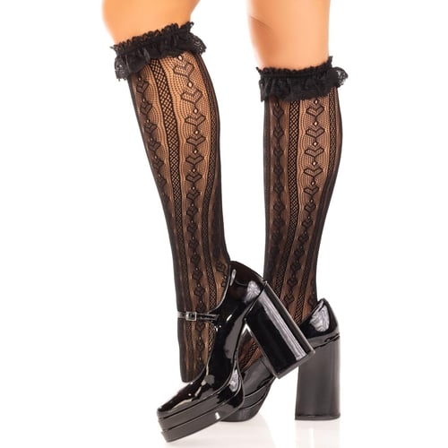 Гольфи ажурні з рюшами Leg Avenue Sweetheart Ruffle Cuff Knee Highs Black: Декор Кружево