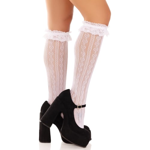 Гольфи ажурні з рюшами Leg Avenue Sweetheart Ruffle Cuff Knee Highs White: Декор Кружево