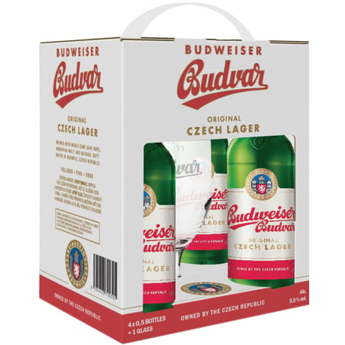 Подарочный набор пива Budweiser Budvar Original светлое фильтрованное 5% 4х0.5 л + бокал 0.33 л (8594403700305)