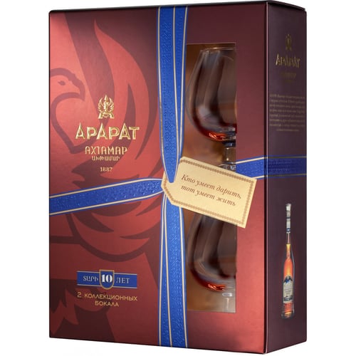 Набор: бренди Ararat Akhtamar 10 years old 0.7л, 40% gift box with 2 glasses