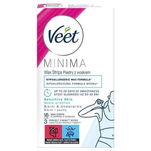 Veet Minima Восковые полоски для депиляции для чувствительной кожи, для бикини и подмышек гипоаллергенные 16 шт