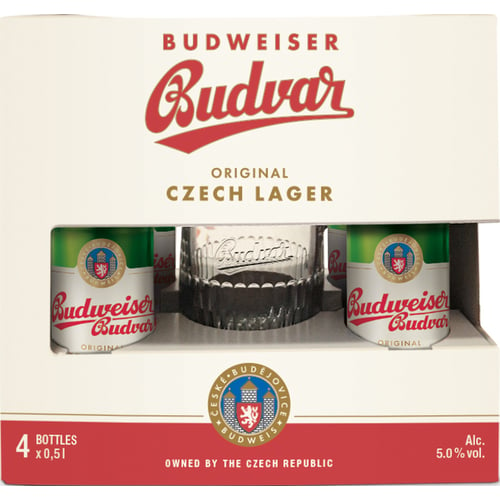 Подарунковий набір пива Budweiser світле фільтроване 5% 4х0.5 л + кухоль 0.5 л (8594403707380)