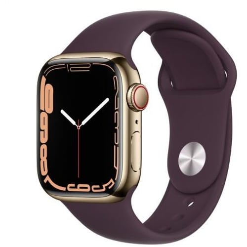 Apple Watch Series 7 45mm GPS+LTE Gold Stainless Steel Case with Dark Cherry Sport Band (MKJX3)