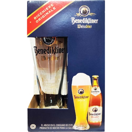 Подарочный набор пива Benediktiner Weissbier светлое нефильтрованное 5.4% 3х0.5 л + бокал 0.5 л (4052197000468)