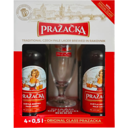 Подарунковий набір пива Prazаcka світле пастеризоване фільтроване 4% 4х0.5 л + келих 0.33 л (8594053493077)