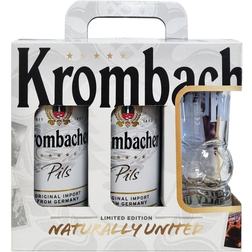 Подарунковий набір пива Футбол Krombacher Pils 4.8% 5х0.5 л + келих 0.2 л (4008287958201)