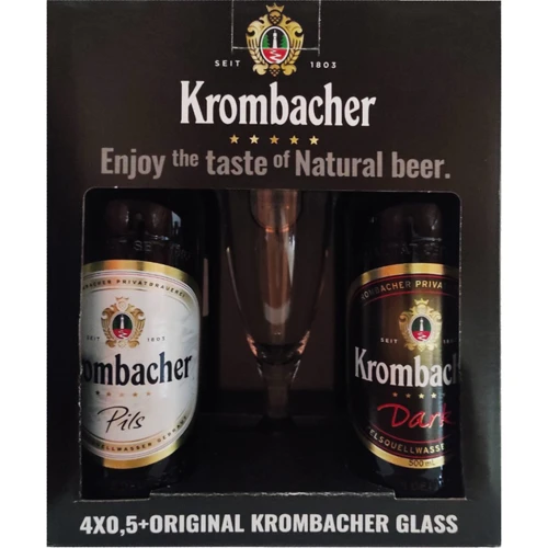 Подарунковий набір пива Krombacher в асортименті 4х0.5 л + келих 0.3 л (4008287037036)